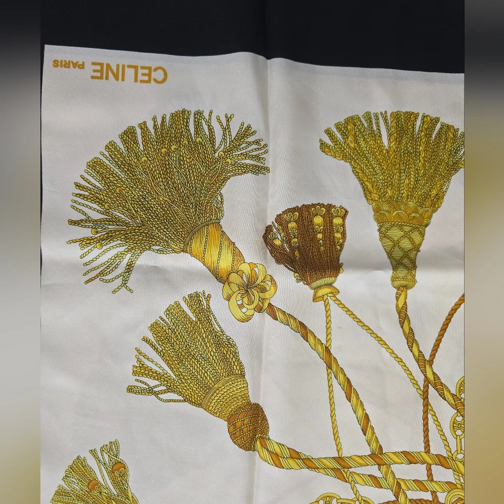 Celine Silk Scarf with Gold and Black Tassel Design